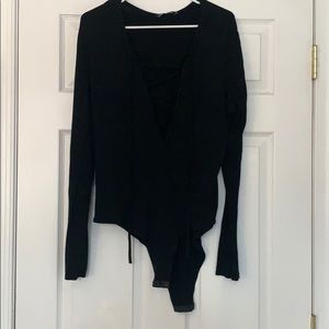 Black Criss Cross Deep V-Neck Long Sleeve Bodysuit